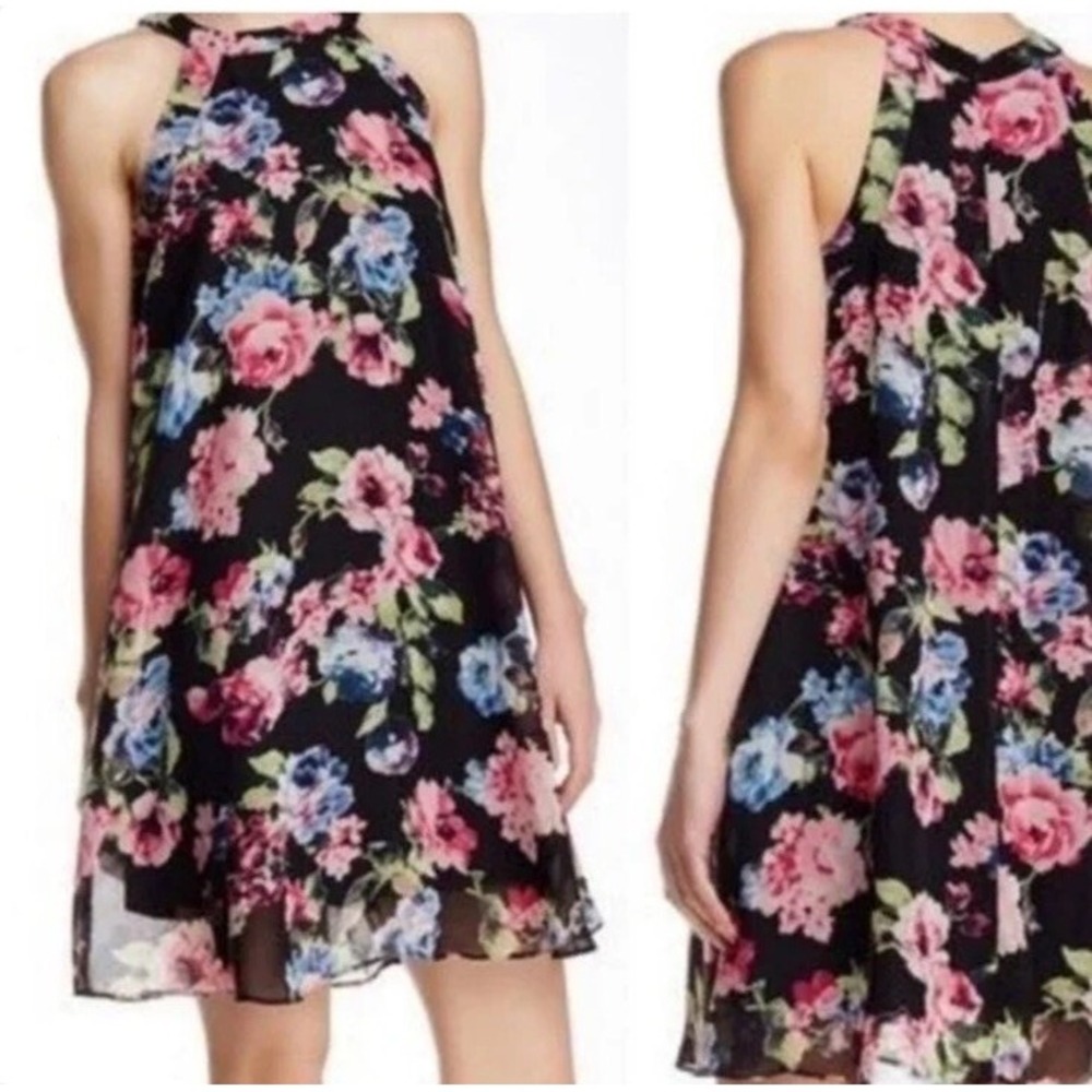 Betsey Johnson Dress Women 10 Black Pink Floral Chiffon Halter Swing Mini Boho